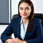 ** A professional businesswoman in a modest business suit, sitting at a desk in a modern office, fully clothed, appropriate attire, safe for work, perfect anatomy, natural proportions, professional photography, high quality.

**