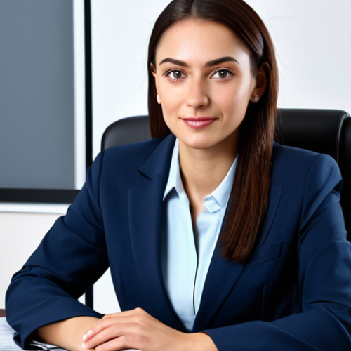 Home 9 ** A professional businesswoman in a modest business suit, sitting at a desk in a modern office, fully clothed, appropriate attire, safe for work, perfect anatomy, natural proportions, professional photography, high quality.
**