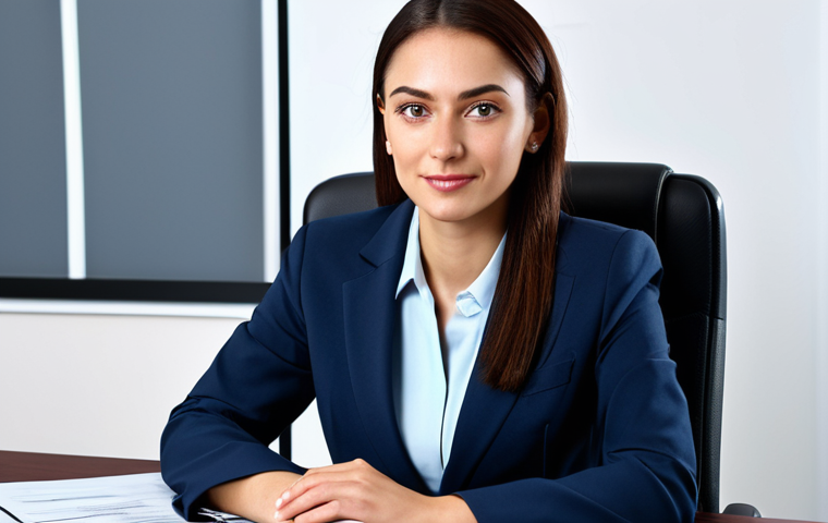 ** A professional businesswoman in a modest business suit, sitting at a desk in a modern office, fully clothed, appropriate attire, safe for work, perfect anatomy, natural proportions, professional photography, high quality.

**
