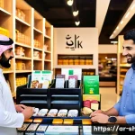 쇼핑매니저 근무 중 겪는 어려움 - A modern Middle Eastern retail store interior with well-organized shelves displaying a variety of pr...