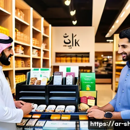 쇼핑매니저 근무 중 겪는 어려움 - A modern Middle Eastern retail store interior with well-organized shelves displaying a variety of pr...