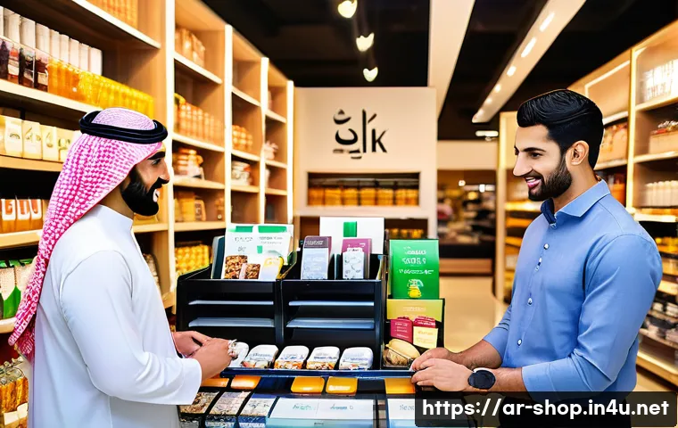쇼핑매니저 근무 중 겪는 어려움 - A modern Middle Eastern retail store interior with well-organized shelves displaying a variety of pr...