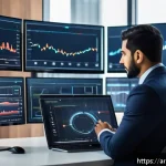 쇼핑매니저로서 얻을 수 있는 혜택 - A professional Arab marketing manager in a modern office setting, analyzing large digital data chart...