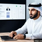 쇼핑매니저 자격 시험 준비법 - A professional Middle Eastern man in his early 30s, sitting confidently at a sleek modern desk with ...