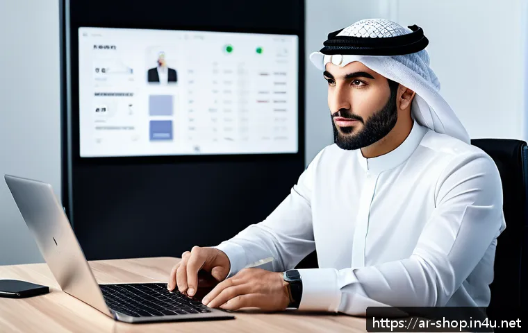 쇼핑매니저 자격 시험 준비법 - A professional Middle Eastern man in his early 30s, sitting confidently at a sleek modern desk with ...