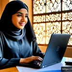 Home 23 쇼핑매니저 온라인 강의 추천 - Photorealistic modern home office in Riyadh, a confident Arab woman shopping manager wearing a modes...